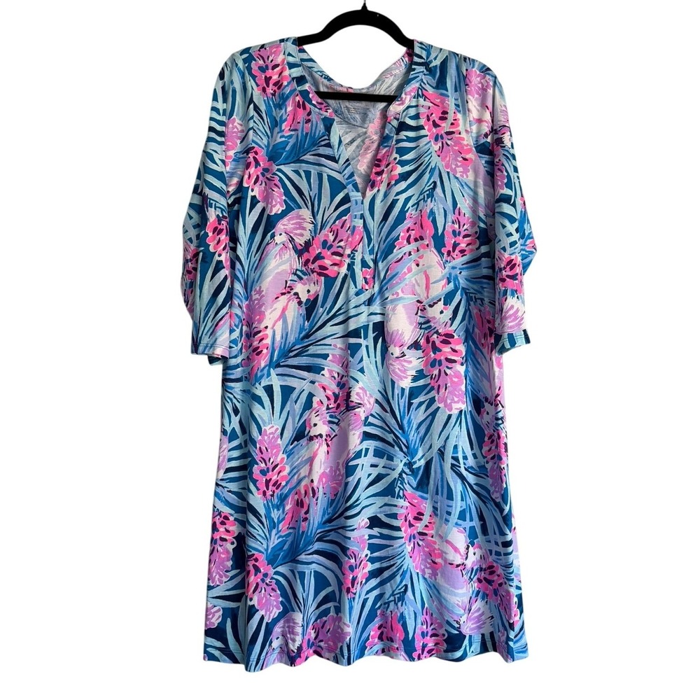 Lilly Pulitzer Blue Pink Tropical Palm Pima Cotton 3/4 Sleeve Shift Dress L